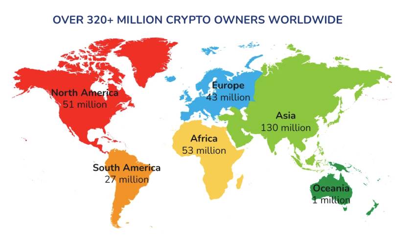 Mapa do mundo mostrando a adoção da moeda criptográfica por país