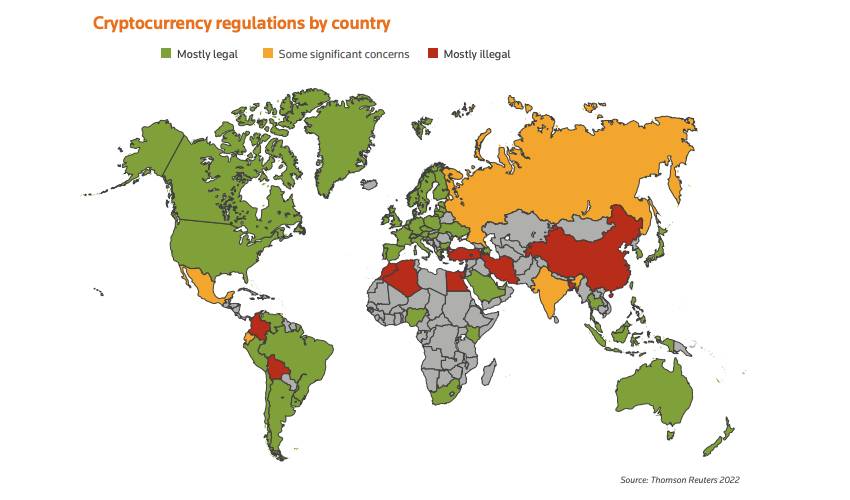 Mapa mostrando as regulamentações de moedas criptográficas por país