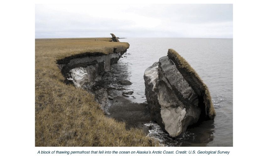 Um bloco de permafrost descongelado que caiu no oceano na costa ártica do Alasca. Crédito: U.S. Geological Survey